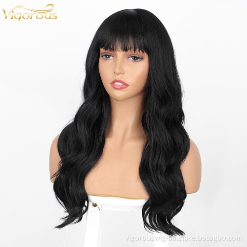 Vigorous wholesale price high quality 22 inch body wave synthetic long body wave hair wigs with bangs for black women